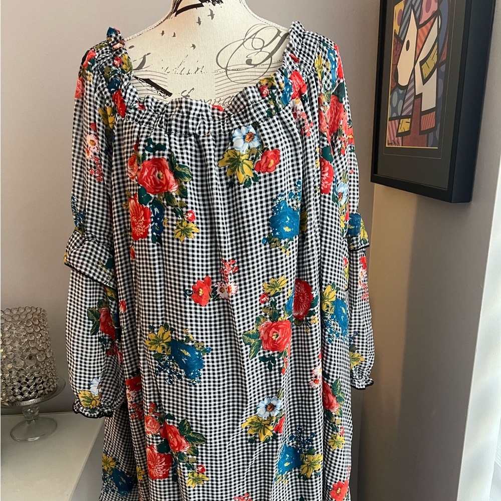 Eyeshadow Plaid Floral Long Sleeve Off-Shoulder Ruffle Dress Women’s Size 2X